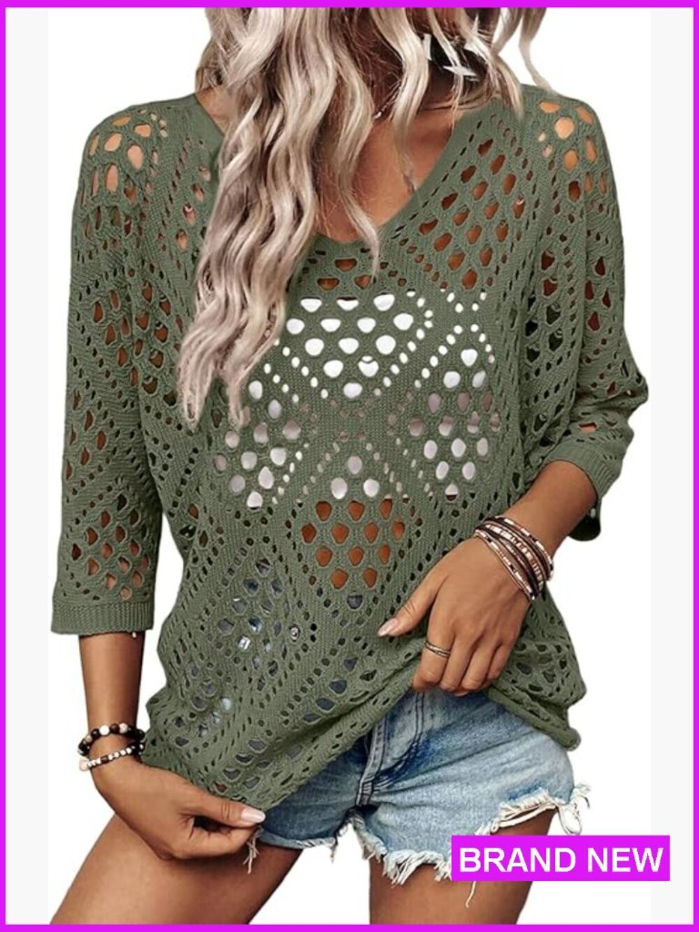 Crochet Hollow Out Pullover Sweater Lightweight 3/4 Sleeve Beach Cover Up